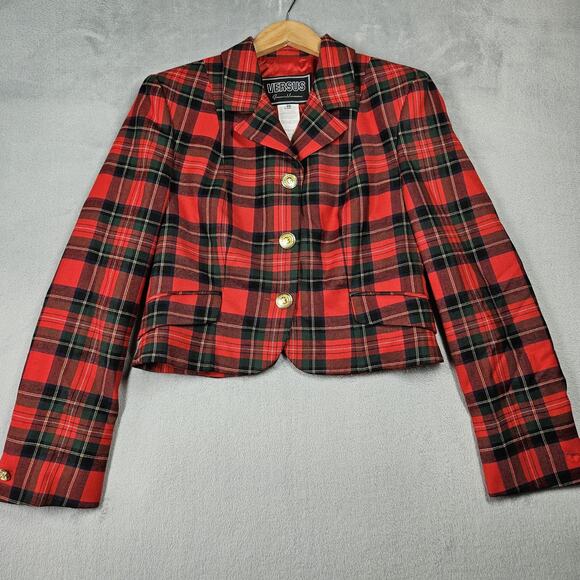 Vintage Versus Gianni Versace Jacket Womens 44 Plaid Wool Gold Button Italy 90s - Picture 1 of 16
